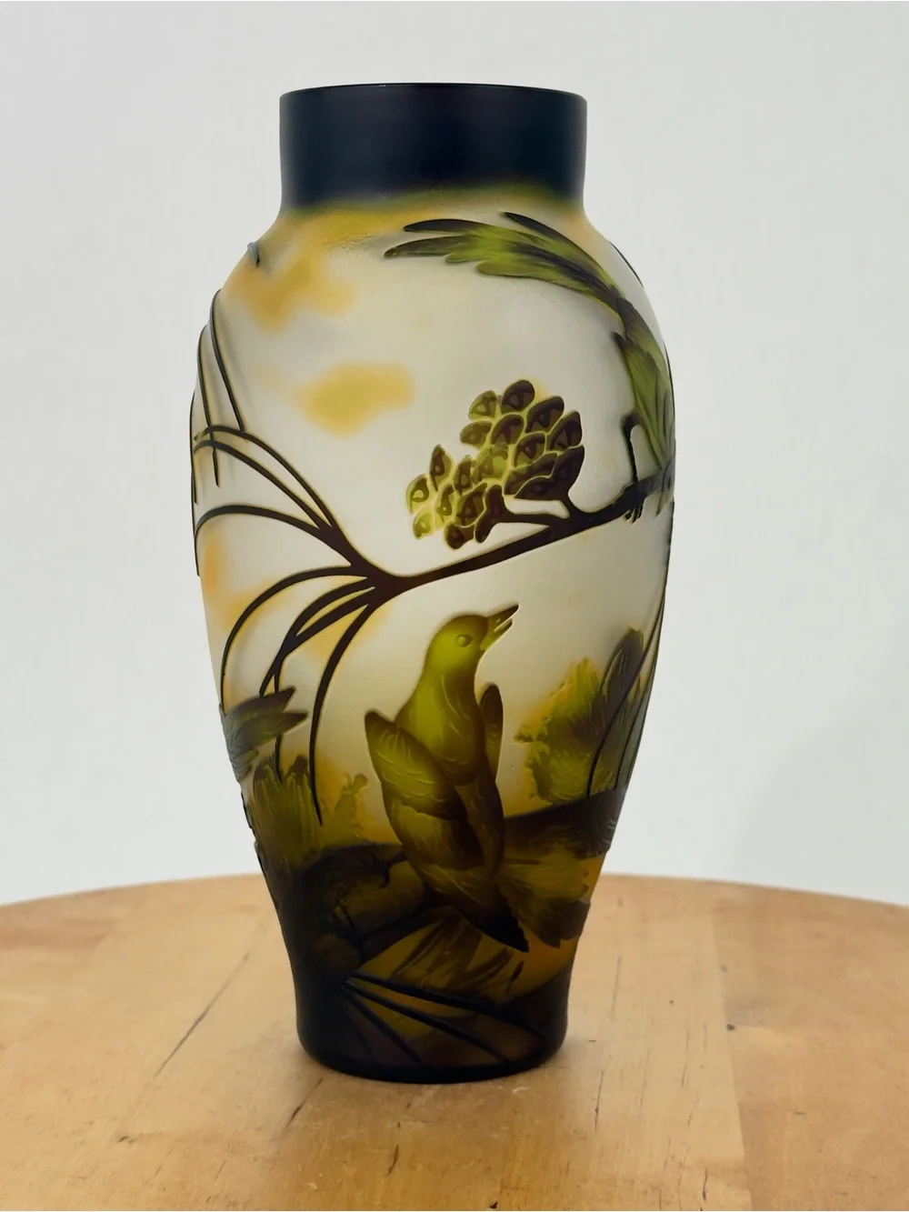 Art Nouveau Style Chinese Peking Cameo Overlay Glass Vase Hand Carved Bird/ Tree